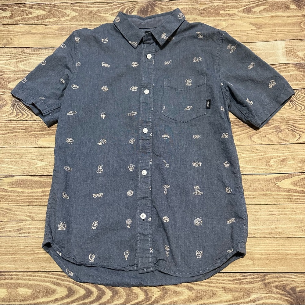 VANS Off The Wall Boys Blue Short Sleeve Button Down Mini Doodle Print Shirt M